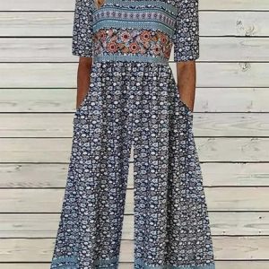 Women's 3D Printing V Neck Half Sleeve Vintage Summer Jumpsuit, JustFashionNow Jumpsuits＆Rompers, color:As Picture|size:4XL,