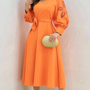Eyelet Embroidery V-Neck Lantern Sleeve Maxi Dress Casual Tied Detail A Line Ruched Dress, women Long Sleeves Dresses, ChicMe catalog