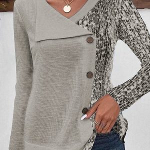 V Neck Long Sleeve Plain Buttoned Regular Micro-Elasticity Loose Mock Two-Piece Blouse For Women, Blouses, color:Gray|size:XXL, catalog Noracora shop