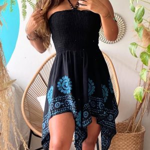 Tribal Print Halter Sleeveless Shirred Mini Dress Casual Bandeau Asymmetrical Vacation Dress, women Casual Dresses, ChicMe catalog