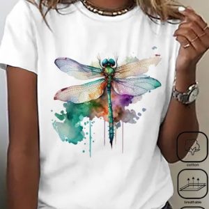 Plus Size Loose Dragonfly Casual Cotton T-Shirt, JustFashionNow T-Shirts, color:White|size:4X,