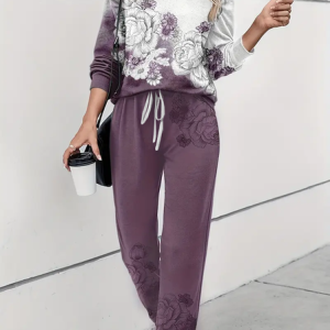 Women's Printing Floral Daily Going Out Two Piece Set Long Sleeve Casual Spring/Fall Top With Pants Matching Set, JustFashionNow Suit Set, color:Purple|size:4XL,