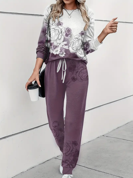 Women's Printing Floral Daily Going Out Two Piece Set Long Sleeve Casual Spring/Fall Top With Pants Matching Set, JustFashionNow Suit Set, color:Purple|size:4XL,