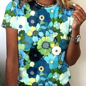 Casual Floral Crew Neck Short Sleeve T-shirt, T-shirts, color:Lake Blue|size:4XL, catalog Noracora shop