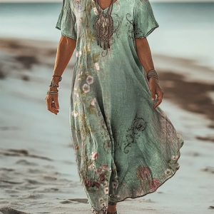 Women's Floral Short Sleeve Summer Printing Dress V Neck Daily Casual Maxi T-Shirt Dress H-Line Dress, JustFashionNow Casual Dresses, color:Green|size:4XL,