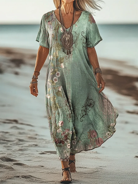 Women's Floral Short Sleeve Summer Printing Dress V Neck Daily Casual Maxi T-Shirt Dress H-Line Dress, JustFashionNow Casual Dresses, color:Green|size:4XL,