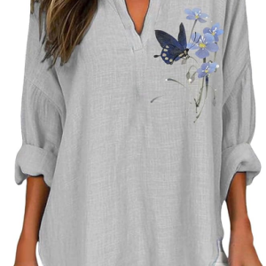 Women's Butterfly Floral Print Elegant Vintage V-Neck Shirt, Blouses, Lilicloth.com