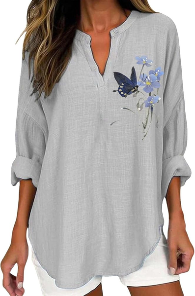 Women's Butterfly Floral Print Elegant Vintage V-Neck Shirt, Blouses, Lilicloth.com