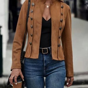Double Breasted Decor Stand Collar Open Front Faux Suede Jacket Casual Coat, women Jackets & Coats, ChicMe catalog