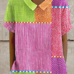 Women Striped Short Sleeve Shirt Summer Shirt Collar Daily Casual Top, JustFashionNow Blouses, color:Pink|size:4XL,