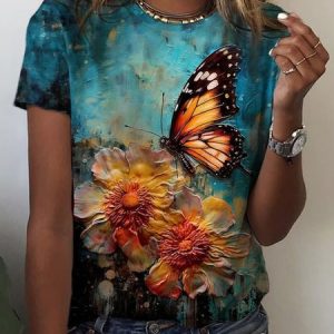 Casual Butterfly Floral Print Crew Neck Short Sleeve T-shirt, T-shirts, color:Blue|size:XXL, catalog Noracora shop