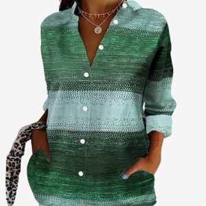 Women's Long Sleeve Shirt Spring/Fall Abstract Shirt Collar Vacation Going Out Casual Top, JustFashionNow Shirts, color:Green|size:XXL,