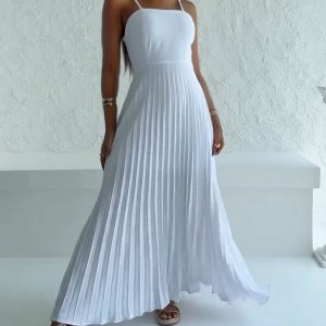 Square Neck Spaghetti Strap Pleated Maxi Dress Back Tied Detail Casual Flowy Long Dress, women Maxi Dresses, ChicMe catalog