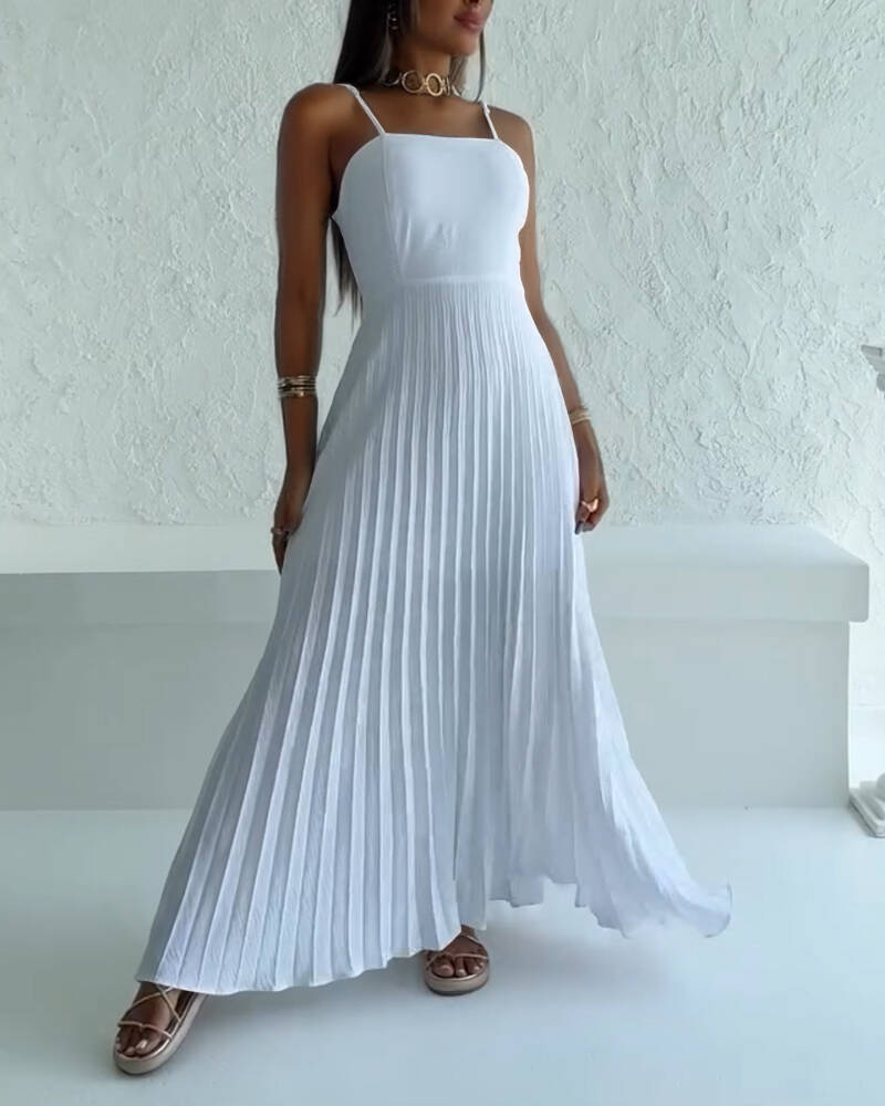 Square Neck Spaghetti Strap Pleated Maxi Dress Back Tied Detail Casual Flowy Long Dress, women Maxi Dresses, ChicMe catalog