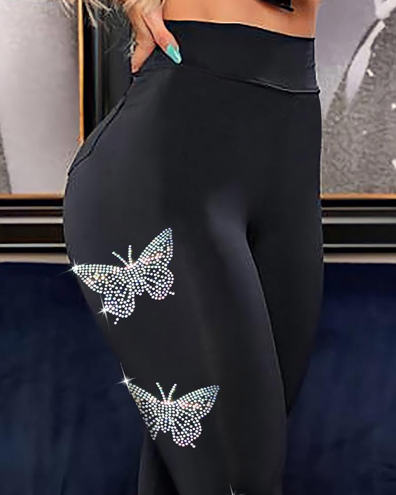 Rhinestone Butterfly Pattern Decor High Waist Skinny Pants, women Pants, ChicMe catalog