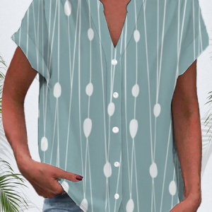 Women's Short Sleeve Shirt Summer Striped Printing V Neck Daily Going Out Casual Top, JustFashionNow Shirts, color:Green|size:4XL,