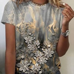 Women's Short Sleeve Tee T-shirt Summer Floral Crew Neck Casual Top, JustFashionNow T-Shirts, color:Gray|size:XXL