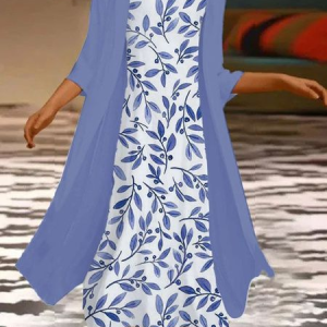 Women Floral Printing Two-Piece Set Daily Three Quarter Sleeve Casual Spring/Fall Dress With Coat Matching Set, Sets, color:Blue-White|size:XXL, catalog Noracora shop