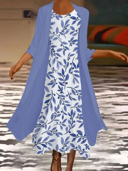 Women's Floral Printing Two-Piece Set Daily Three Quarter Sleeve Casual Spring/Fall Coat With Skirt Matching Set, JustFashionNow Suit Set, color:Blue-White|size:XXL,