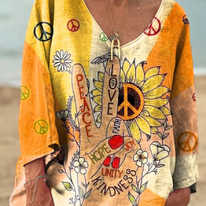 Women's Hippie Peace Love Art Print Casual V-neck Long Sleeve Comfortable Cotton T-shirt, Long sleeves, Lilicloth.com