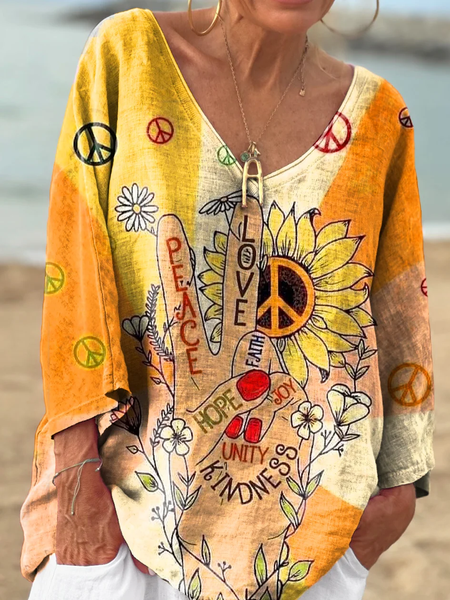 Women's Hippie Peace Love Art Print Casual V-neck Long Sleeve Comfortable Cotton T-shirt, Long sleeves, Lilicloth.com