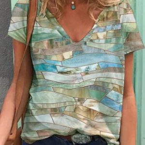 Geometric Short Sleeve Printed  Cotton-blend V neck Holiday Summer Beige Top, T-shirts, Lilicloth.com