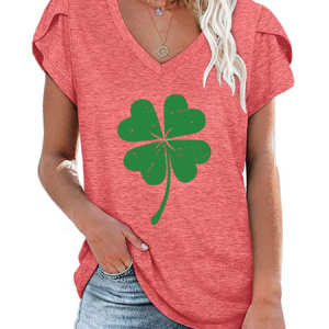 Women's Four-leaf Clover Short Sleeve Tee T-shirt V Neck Casual Summer Top, JustFashionNow T-Shirts, color:Pink|size:3XL,