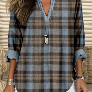 Retro plaid small V-neck casual long sleeved shirt, Blouses, Lilicloth.com