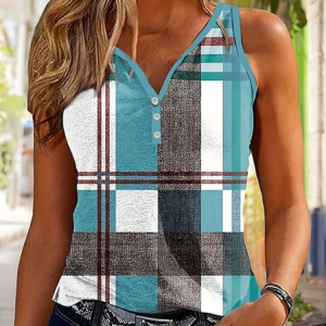 Women Sleeveless Tank Top Camisole Summer Plaid Printing V Neck Daily Casual Top, JustFashionNow Tanks & Camis, color:As Picture|size:4XL,