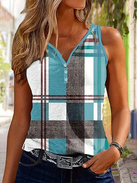 Women Sleeveless Tank Top Camisole Summer Plaid Printing V Neck Daily Casual Top, JustFashionNow Tanks & Camis, color:As Picture|size:4XL,