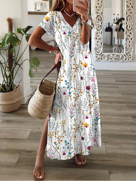 Women's Floral Spring Short Sleeve V-Neck Slit Dress, Dresses, Lilicloth.com - Image 3