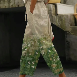 Women's Floral  Trousers Straight Pants Daily Going Out Casual Printing Linen Blend Floral Spring/Fall Pants, JustFashionNow Pants, color:Green|size:3XL,