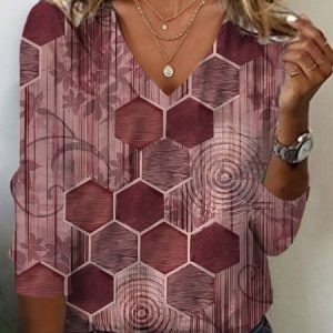 Women's Long Sleeve Tee T-shirt Spring/Fall Geometric Jersey V Neck Daily Going Out Casual Top, JustFashionNow T-Shirts, color:Brick Red|size:XXL,