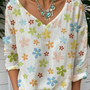 V Neck Floral Vintage Jersey T-Shirt, Long sleeves, Lilicloth.com
