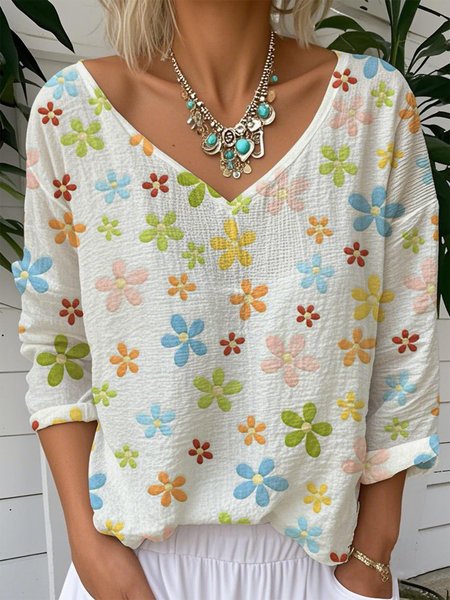 V Neck Floral Vintage Jersey T-Shirt, Long sleeves, Lilicloth.com