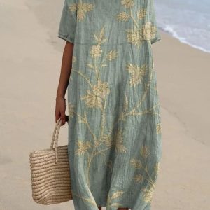 Women Floral Crew Neck Half Sleeve Comfy Casual Maxi Dress, Maxi, color:Green|size:3XL, catalog Noracora shop