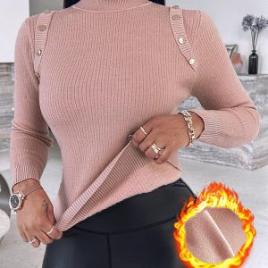 High Neck Knit Sweater Fleece Lined Front Button Basic Layering Soft Thermal Top, women Sweaters & Cardigans, ChicMe catalog