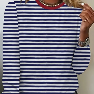 Women's Striped Spring Print Casual Round Neck Long Sleeve T-Shirt, Long sleeves, Lilicloth.com