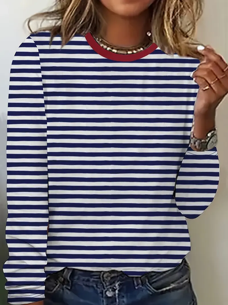 Women's Striped Long Sleeve Tee T-shirt Crew Neck Printing Casual Spring/Fall Graphic Tee Top, JustFashionNow T-Shirts, color:Blue|size:XXL,