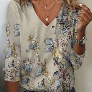 Women's Floral Long Sleeve Tee T-shirt V Neck Printing Casual Spring/Fall Graphic Tee Top, JustFashionNow T-Shirts, color:Khaki|size:XXL