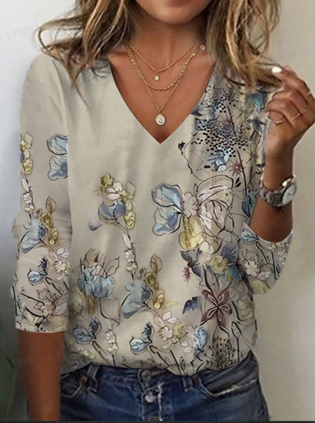 Women's Floral Long Sleeve Tee T-shirt V Neck Printing Casual Spring/Fall Graphic Tee Top, JustFashionNow T-Shirts, color:Khaki|size:XXL,