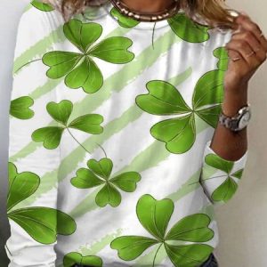 Women's St Patricks Day Four-leaf Clover Print Long Sleeve Floral T-shirt, JustFashionNow T-Shirts, color:Green|size:XXL,