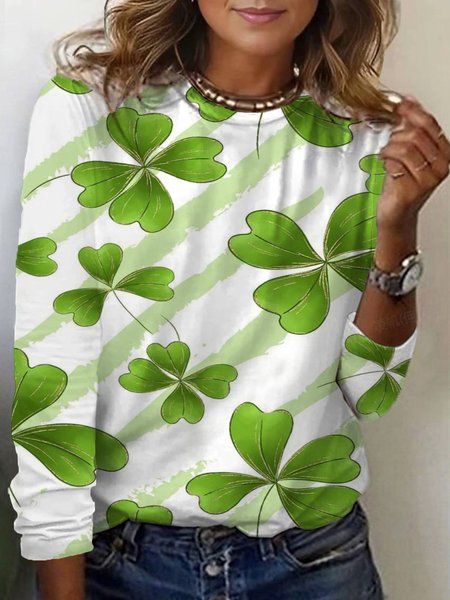 Women's St Patricks Day Four-leaf Clover Print Long Sleeve Floral T-shirt, JustFashionNow T-Shirts, color:Green|size:XXL,
