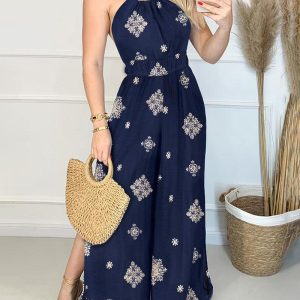 Graphic Print Halter Backless Side Slit Shirred Wide Leg Jumpsuit Vacation Overalls, women Jumpsuits, ChicMe catalog
