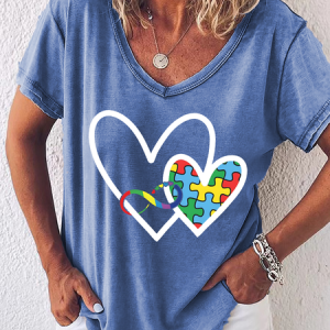 Autism Awareness Heart Text Letters Casual T-Shirt, T-shirts, Lilicloth.com
