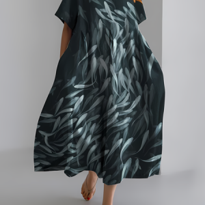 Women's Ocean Art Fish Print Vintage Round Neck Pleated Dress, Dresses, Lilicloth.com