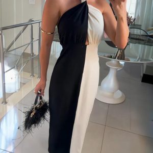 Colorblock Halter Twist Ruched Maxi Dress Casual Waist Hollow Out Business Dress, women Work Dresses, ChicMe catalog