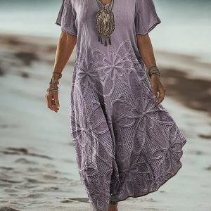 Women Floral V Neck Short Sleeve Comfy Vintage Maxi Dress, Maxi, color:Light Purple|size:4XL, catalog Noracora shop