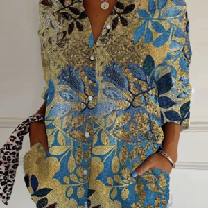 Women's Long Sleeve Shirt Spring/Fall Ethnic Shirt Collar Daily Going Out Casual Top, JustFashionNow Blouses, color:Blue|size:5XL,