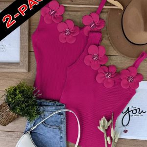 2 Pack Solid 3D Flower Tank Top Asymmetrical Neck Sleeveless Casual Ribbed Knit Camisole, women Tanks & Crop Tops, ChicMe catalog